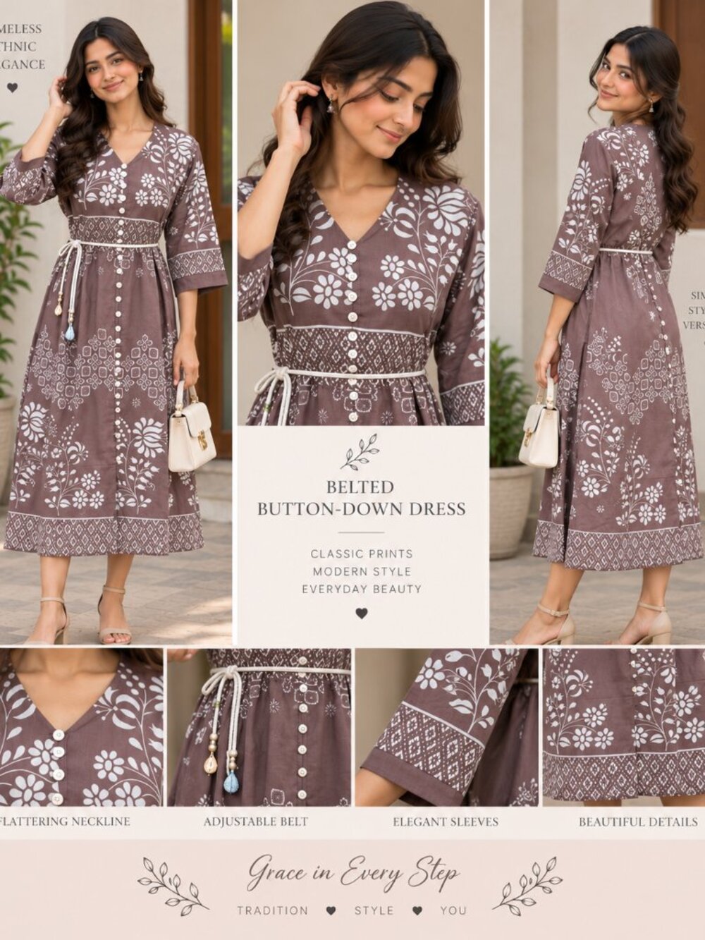 Mocha Brown Floral Print Belted Button-Down Dress